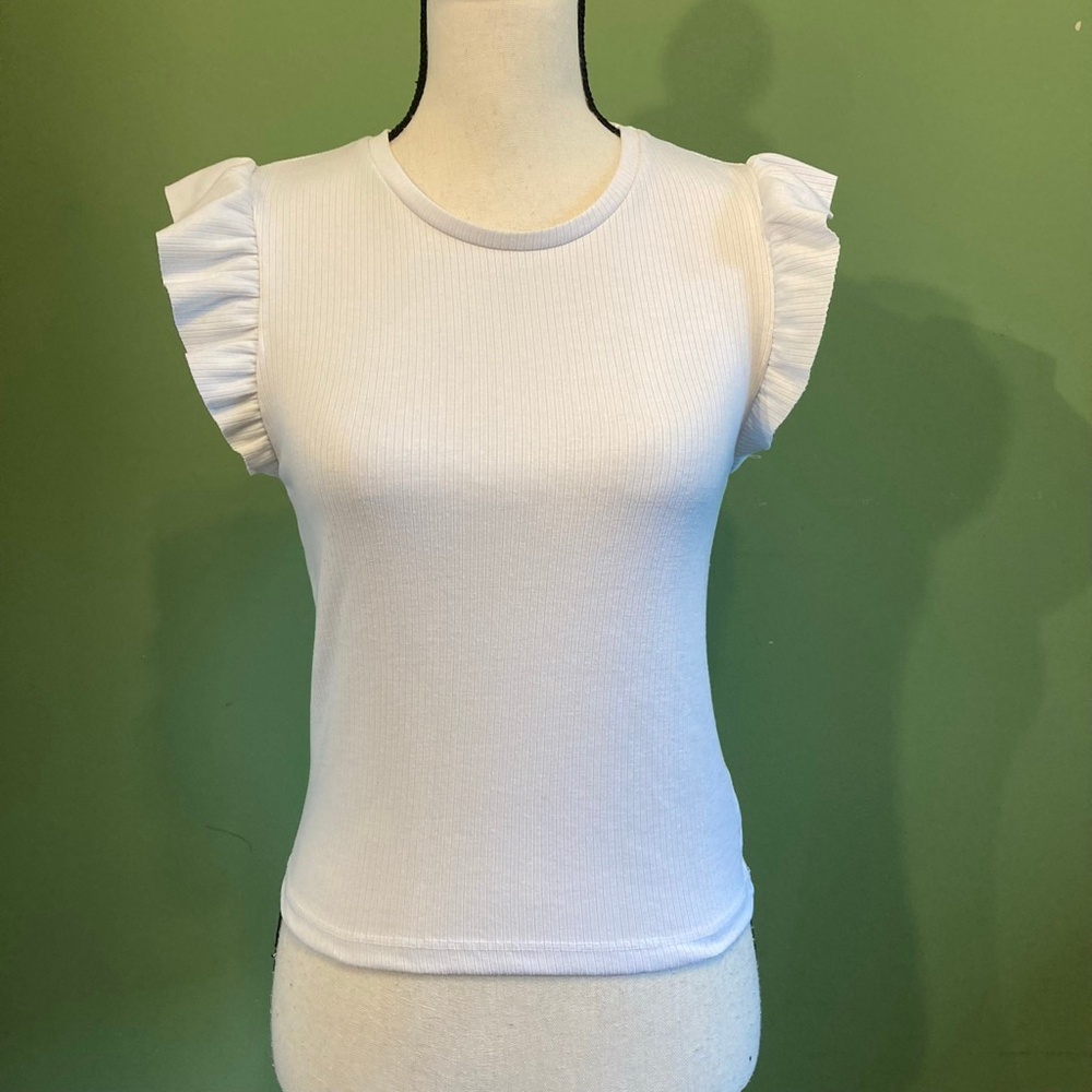 Women's Stradivarius White Ribbed Ruffle Sleeve Short Sleeve Tee M